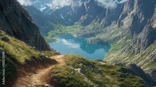 Fototapeta Naklejka Na Ścianę i Meble -  A mountain trail curving around a hillside, revealing a breathtaking lake vista below