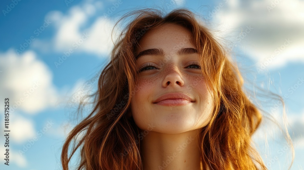 The beach under the blue sky and white clouds and the beautiful woman looking like she is enjoying her holiday The beach under the blue sky and white clouds and the beautiful woman looking like she is enjoying her holiday