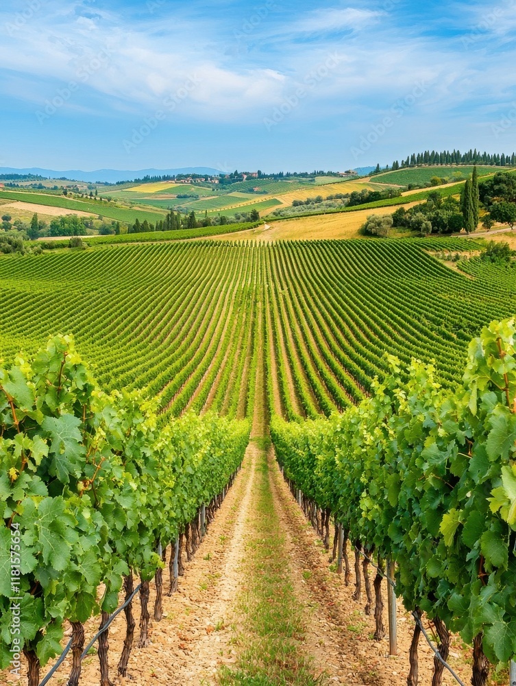 Fototapeta premium Soft travel concept. Lush green vineyards stretching towards rolling hills under a blue sky.