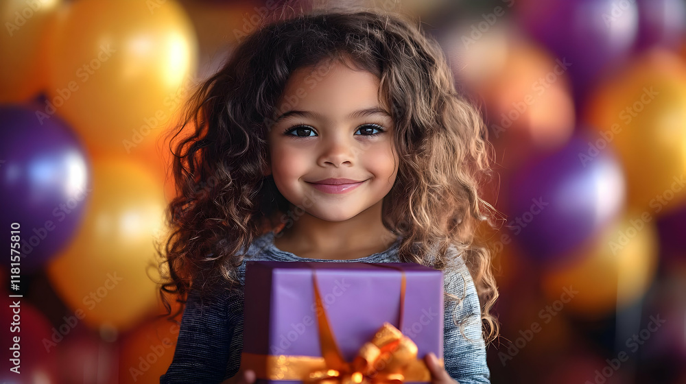 Child Holds Gift, Smiles Brightly with Balloons Joyfully in Background Child Holds Gift, Smiles Brightly with Balloons Joyfully in Background