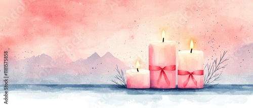 Serene watercolor painting of pink candles with a soft background. photo