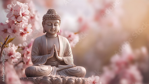 Elegant Meditative Buddha Statue Amidst Soft Pink Cherry Blossoms for a Serene and Peaceful Zen-Inspired Setting in Nature
