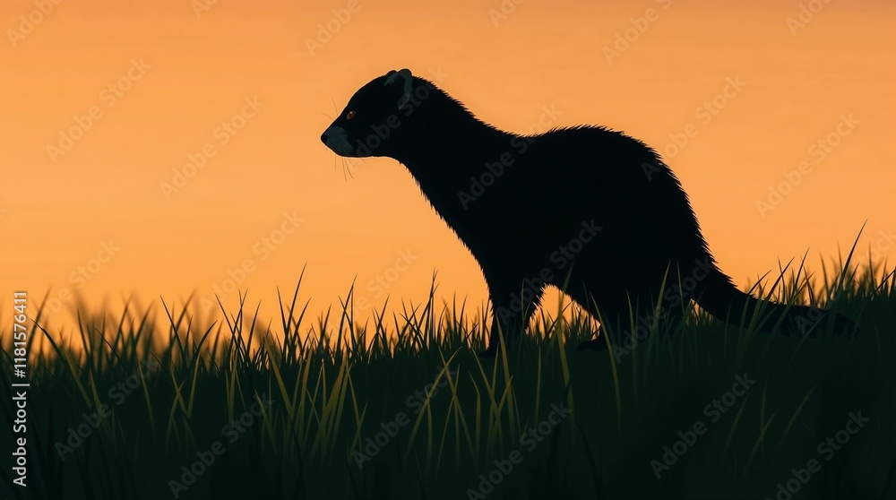 Smooth gradient transition, Isekai anime style, silhouetted black-footed ferret backlit in a North American grassland, expressive composition, seamless color blending. Smooth gradient transition, Isekai anime style, silhouetted black-footed ferret backlit in a North American grassland, expressive composition, seamless color blending.