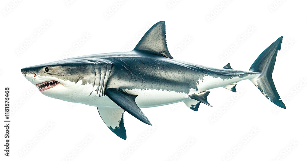 Realistic great white shark with detailed texture, sharp teeth, underwater predator, dangerous ocean fish, marine wildlife illustration, aquatic creature isolated on transparent background Realistic great white shark with detailed texture, sharp teeth, underwater predator, dangerous ocean fish, marine wildlife illustration, aquatic creature isolated on transparent background