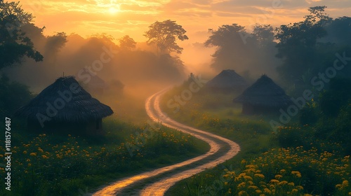 Dirt road winding through a foggy rural village lined with traditional thatchedroof houses and tall trees with muted sunlight breaking through the mist photo