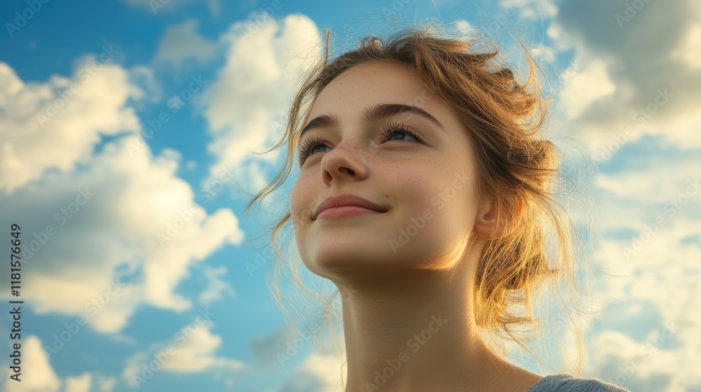 The beach under the blue sky and white clouds and the beautiful woman looking like she is enjoying her holiday The beach under the blue sky and white clouds and the beautiful woman looking like she is enjoying her holiday