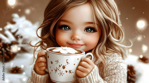 Cute Child Drinks Hot Cocoa...