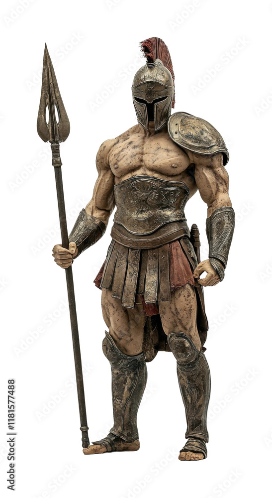 Muscular warrior holding a raised trident stands ready for battle in an ancient setting. Isolated on transparent background, png. Muscular warrior holding a raised trident stands ready for battle in an ancient setting. Isolated on transparent background, png.