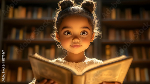 Child Reads Book in Library...