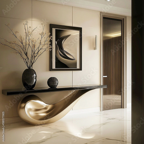 Modern Luxury Hallway with Sculptural Gold Console Table, Decorative Vases, Abstract Art, and Polished Marble Flooring photo