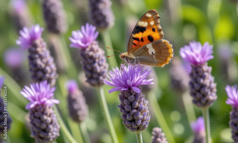 Orange butterfly perched on lavender flowers Orange butterfly perched on lavender flowers