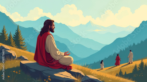 Wallpaper Mural Meditative figure of Jesus sitting in serene mountainous landscape. Spiritual calm contemplation in nature. Concept of a religious peaceful scene. Illustration. Copy space. Torontodigital.ca