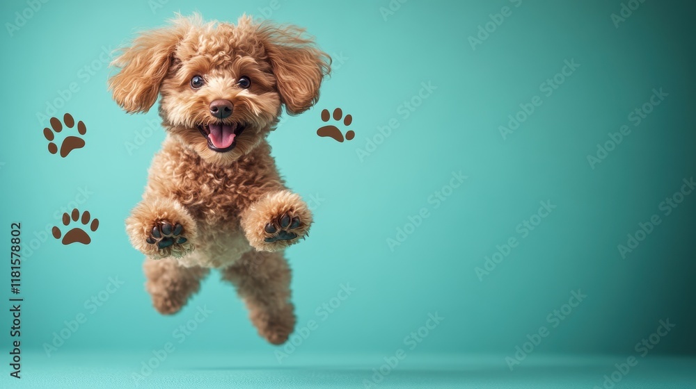 animated pet illustration, a lively poodle cartoon bouncing on a simple teal background, leaving small paw prints animated pet illustration, a lively poodle cartoon bouncing on a simple teal background, leaving small paw prints