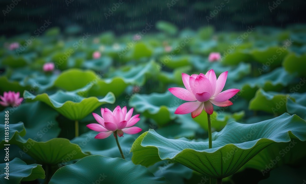 Serene pink lotus flowers in a serene pond. Serene pink lotus flowers in a serene pond.