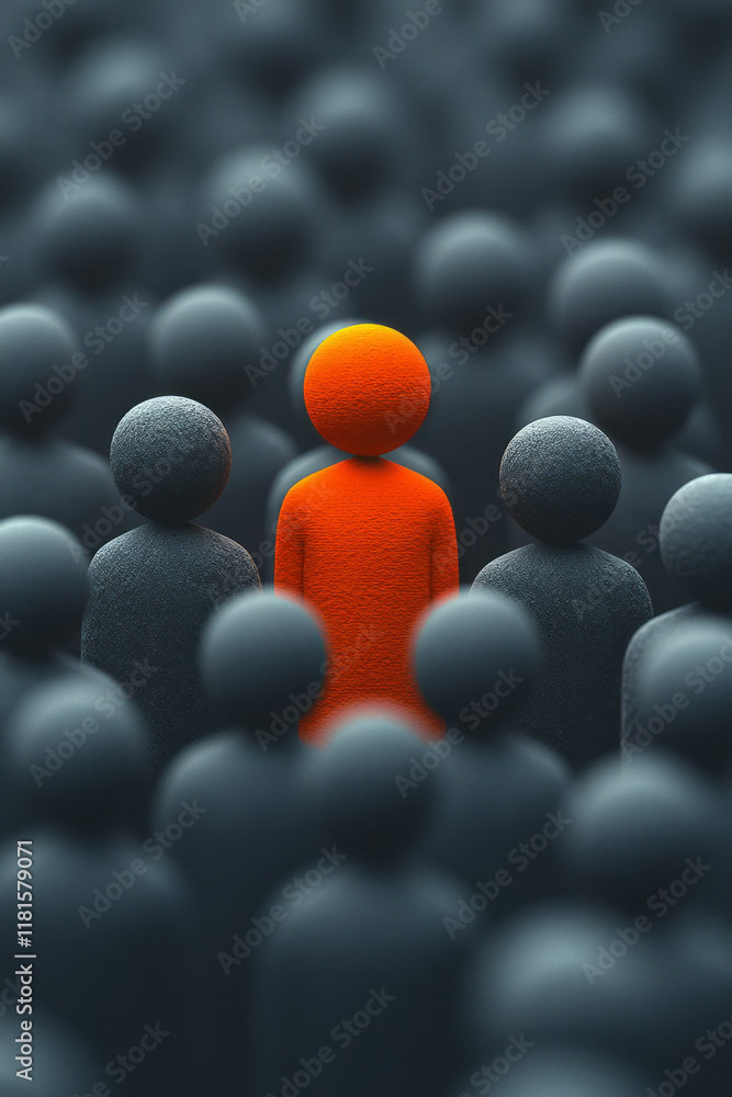 Obraz premium A minimalist depiction of a bold orange character breaking away from a group of uniform grey figures, isolated on a solid neutral grey background,,