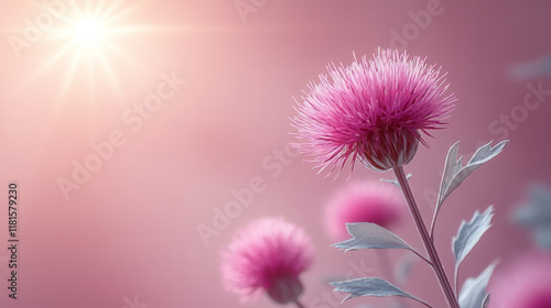 A surreal depiction of a thistle plant with vivid purple blooms and a soft radiant star shining nearby, isolated on a minimalistic neutral background,, photo