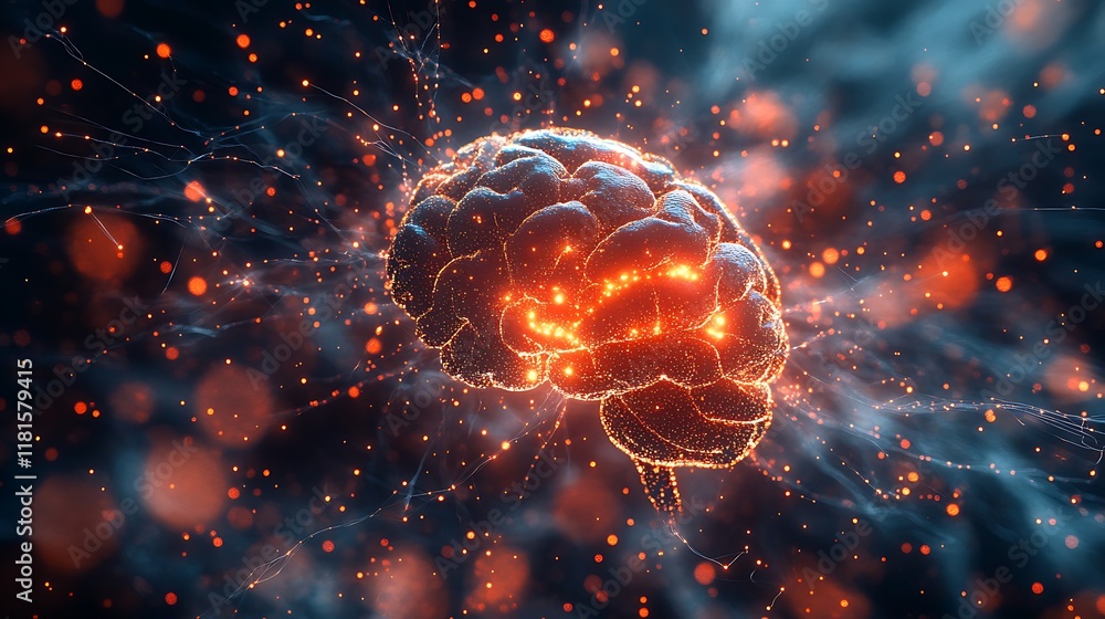 Dramatic representation of cortisol release during stress with glowing particles traveling through neural networks in dark red and orange hues Dramatic representation of cortisol release during stress with glowing particles traveling through neural networks in dark red and orange hues