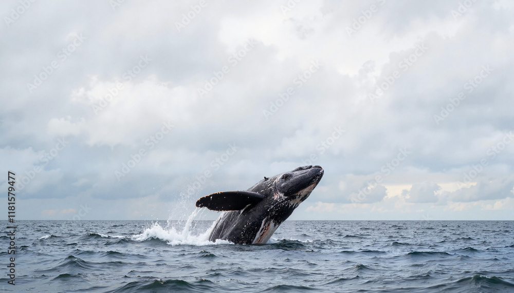 Fototapeta premium North Atlantic right whale breaching in overcast sea, marine conservation
