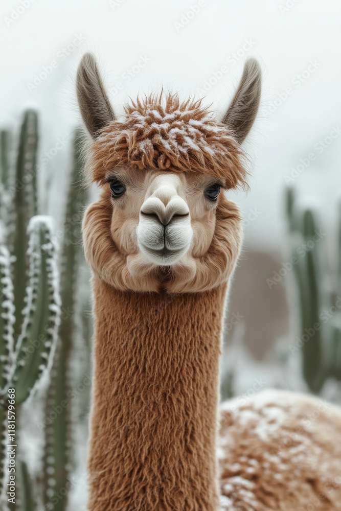 Obraz premium Snowy landscape features a close-up of a llama surrounded by cacti during winter morning with frost shimmering on its fur