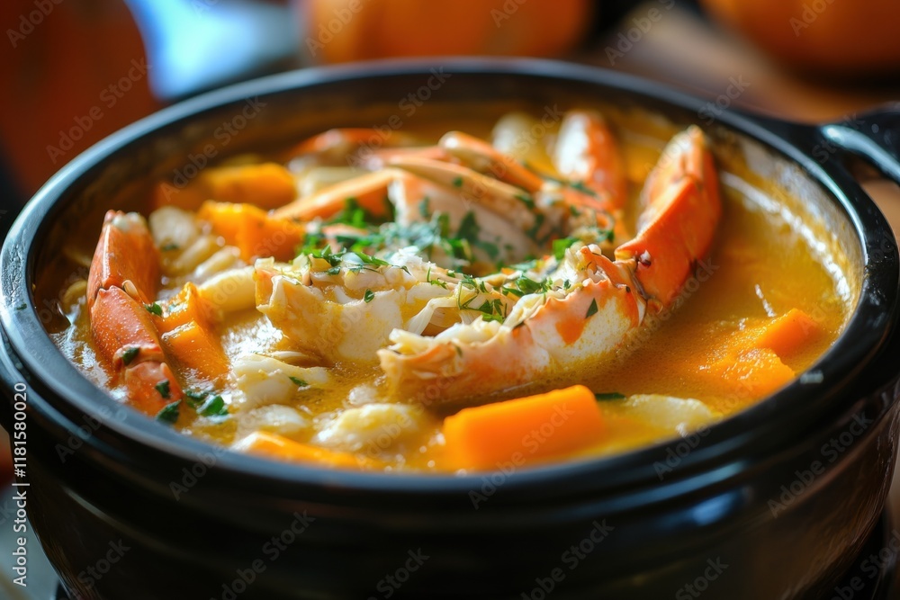 Delicious seafood stew with crabs and vegetables in a black pot placed on a rustic wooden table surrounded by autumn decor Delicious seafood stew with crabs and vegetables in a black pot placed on a rustic wooden table surrounded by autumn decor