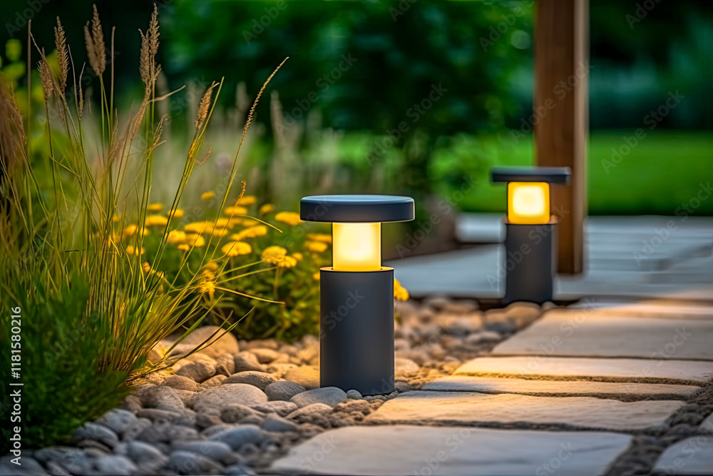 Moderne Gartenbeleuchtung mit Solarlampen am Abend, Generative AI