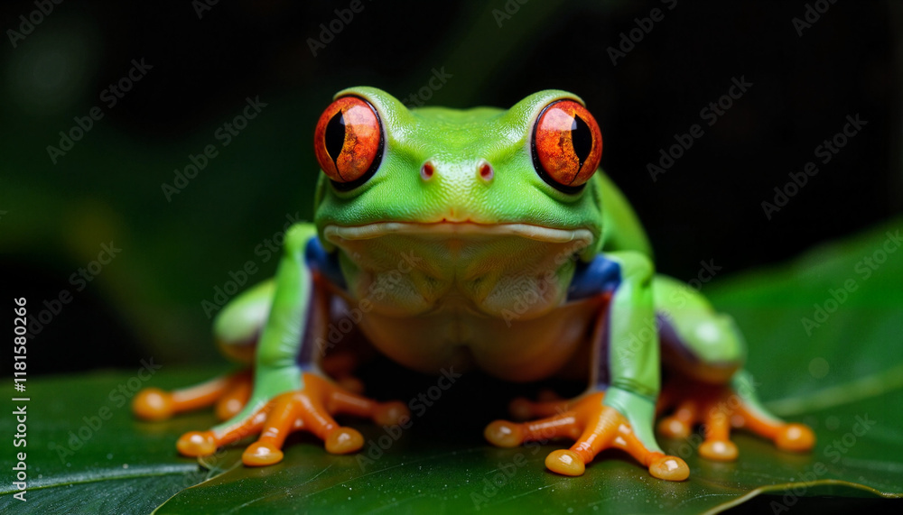 Vivid red-eyed tree frog perched on leaf, enchanting rainforest night Vivid red-eyed tree frog perched on leaf, enchanting rainforest night