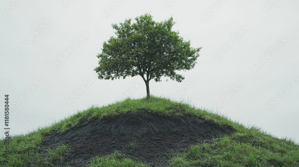 Fototapeta premium A single lush tree atop a grassy hill with exposed soil, set against a clean, open background