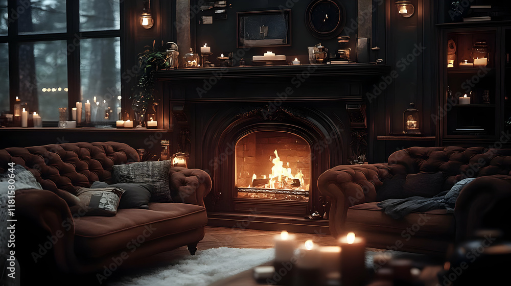 Fototapeta premium Cozy Living Room Creates Warm Ambiance with Fireplace and Candles Glowing Softly