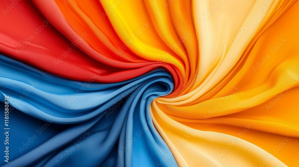 Vibrant Swirling Silk Fabric Texture in Blue Orange and Yellow Hues Vibrant Swirling Silk Fabric Texture in Blue Orange and Yellow Hues