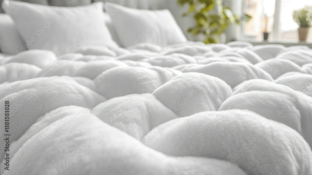 Fototapeta premium Luxurious White Quilted Bedspread: Soft, Plush, and Cozy Bedding