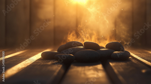 Sanfte Lichtstrahlen und dampfende Atmosphäre in einer Holzsauna

 photo