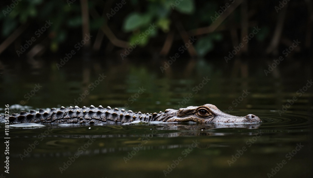 Caiman gliding through dark jungle waters, primal wilderness Caiman gliding through dark jungle waters, primal wilderness