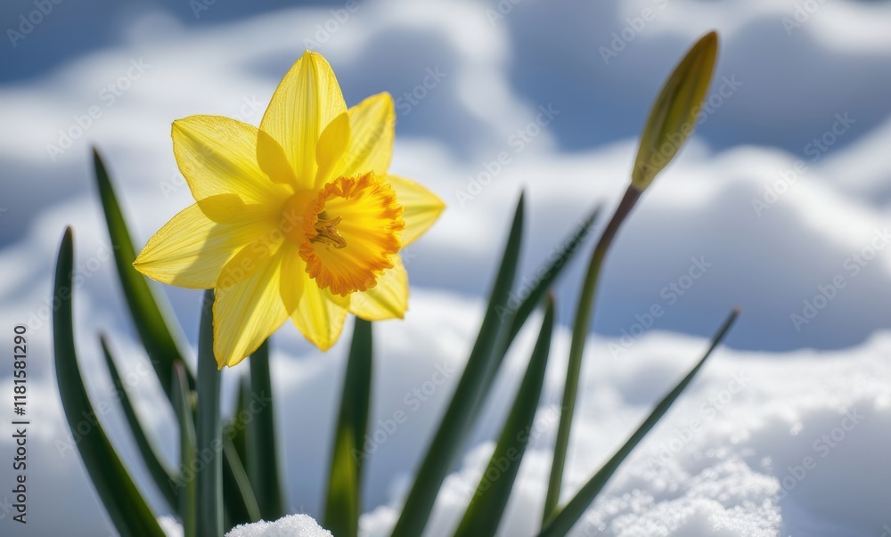 Vibrant yellow daffodil in snowy backdrop Vibrant yellow daffodil in snowy backdrop