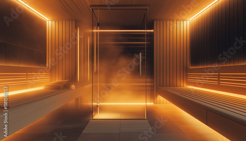 Elegante Sauna mit moderner Beleuchtung und dampfender Atmosphäre

 photo