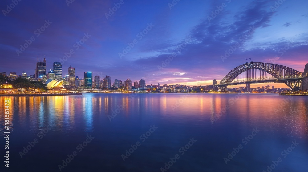 Naklejka premium Sydney's Iconic Skyline at Dusk: Harbor Bridge and Opera House
