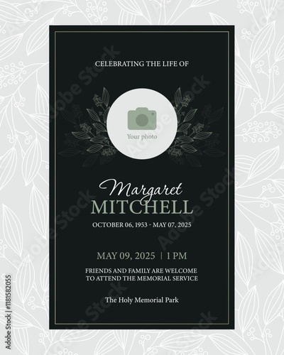 PrintFuneral flyer template with green abstract flowers on a dark background