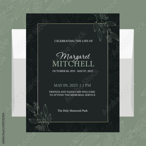 PrintFuneral flyer template with green abstract flowers on a dark background