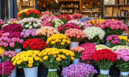 Colorful flower display in a shop