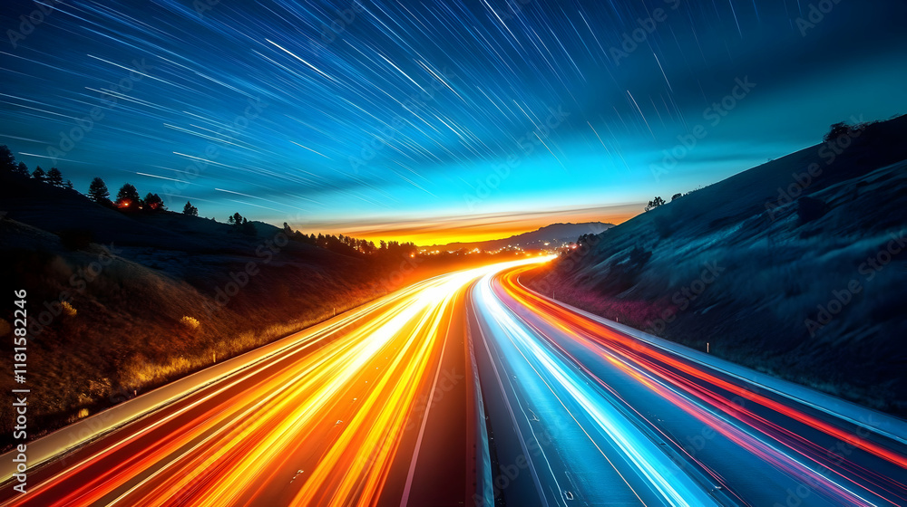 Highway Traffic Flows Under Star Trails at Sunset Quickly Highway Traffic Flows Under Star Trails at Sunset Quickly