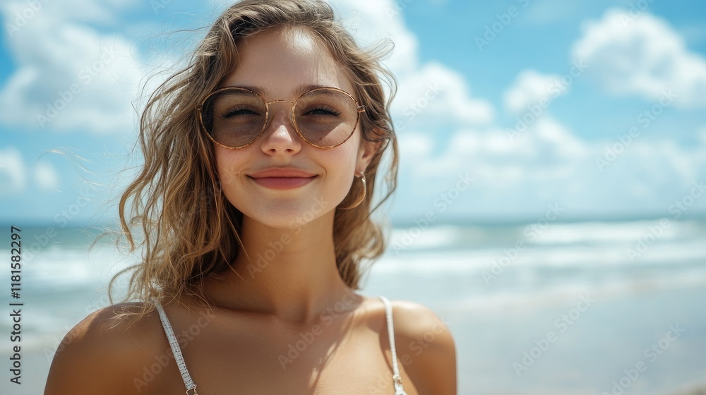 The beach under the blue sky and white clouds and the beautiful woman looking like she is enjoying her holiday The beach under the blue sky and white clouds and the beautiful woman looking like she is enjoying her holiday