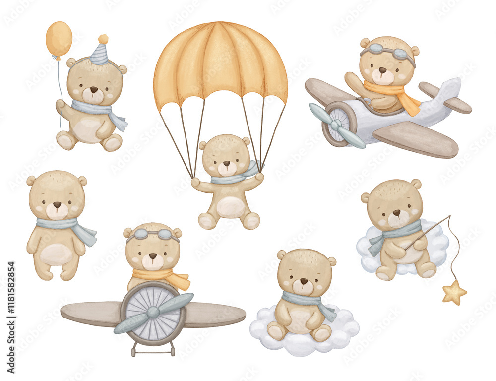 Cute bear pilot on airplane, with parachute and balloon, watercolor hand drawn illustrations set isolated on white background Cute bear pilot on airplane, with parachute and balloon, watercolor hand drawn illustrations set isolated on white background