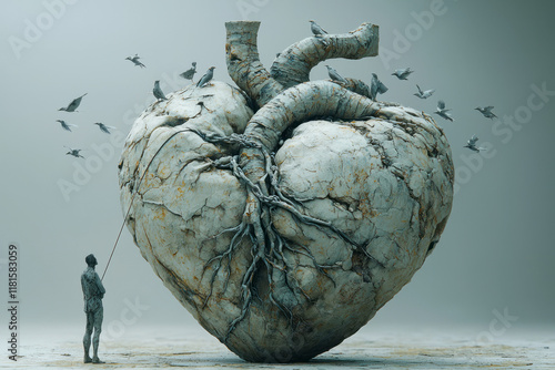 An artistic representation of a man tethered to a heavy stone heart, with birds flying around, placed on a solid neutral grey background,, photo