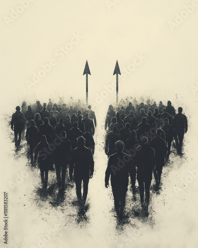 A minimalist depiction of two arrows pointing in opposite directions above a crowd of silhouettes at a crossroads, isolated on a solid light grey background,, photo