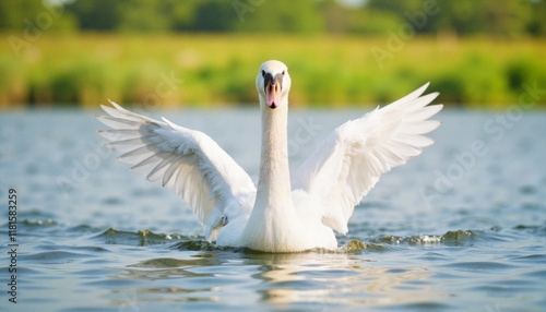 Majestic mute swan spreading wings on serene lake, natural beauty