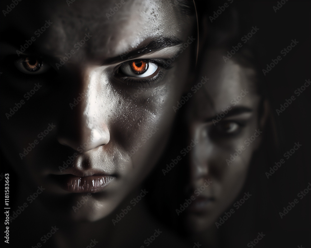 Intense Portrait of a Woman with Fiery Eyes in Dark Setting, Evoking Mystery and Strength Intense Portrait of a Woman with Fiery Eyes in Dark Setting, Evoking Mystery and Strength
