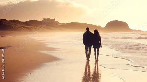 Couple Walks Along Beach at...