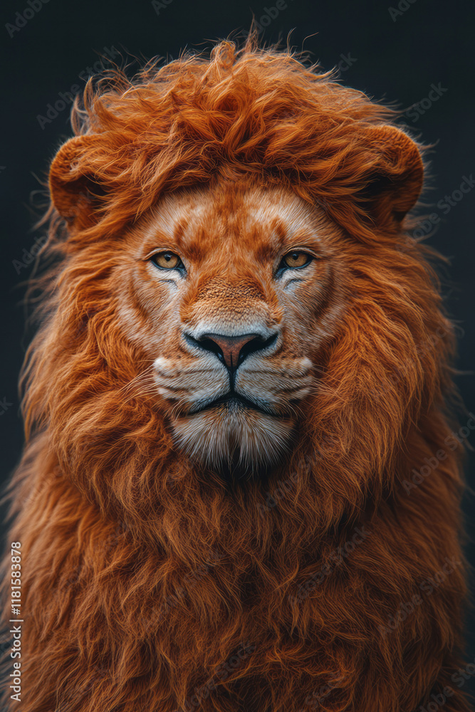 A conceptual portrait of a lion with a mane styled as luxurious, golden human hair, isolated on a solid dark grey background,,