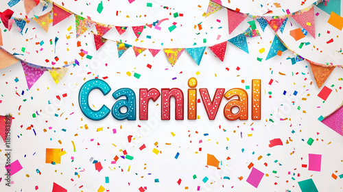 Carnival hand lettering text as banner, card, logo, icon, invitation template. illustration with colorful party elements. photo