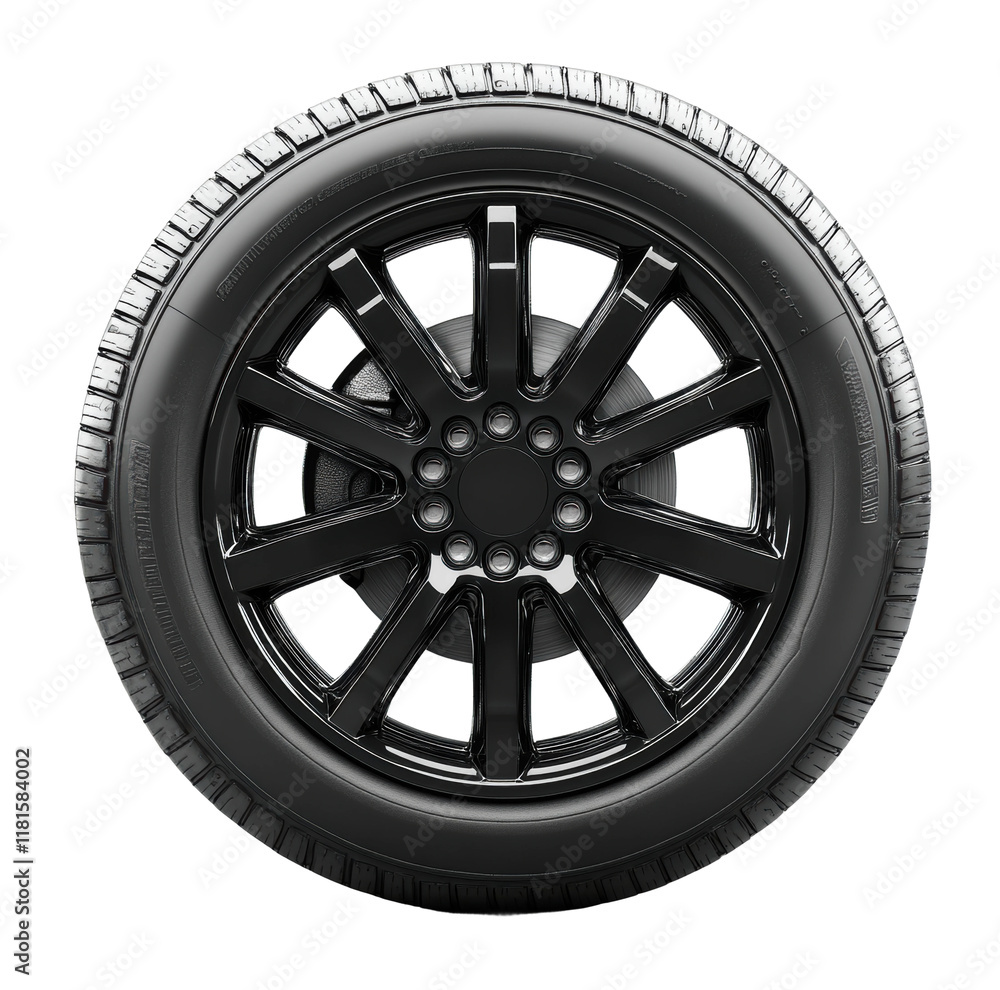 Glossy black tire rim with intricate spoke design, sleek automotive component, modern wheel accessory for luxury vehicles isolated on transparent background Glossy black tire rim with intricate spoke design, sleek automotive component, modern wheel accessory for luxury vehicles isolated on transparent background