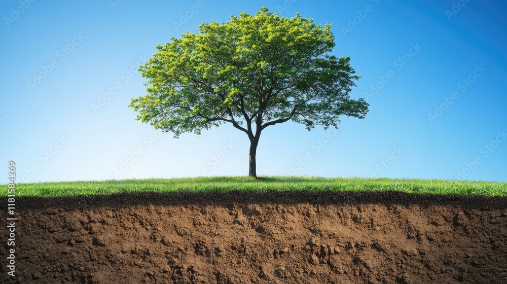 A solitary tree in a picturesque landscape with green grass and contrasting brown soil under a clear blue sky A solitary tree in a picturesque landscape with green grass and contrasting brown soil under a clear blue sky